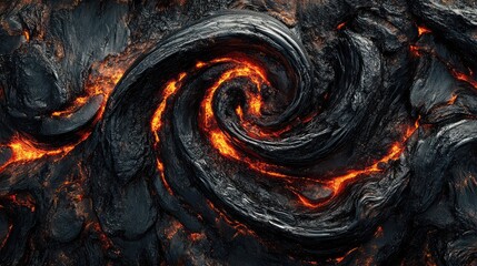 Poster - Lava flow texture with swirling patterns and glowing orange magma on a dark volcanic surface Copy Space