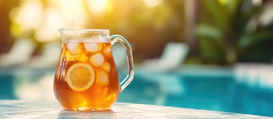 Aufkleber - Refreshing iced tea in a glass pitcher with lemon slices and ice cubes by a swimming pool during sunset Copy Space
