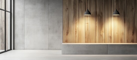 Poster - Modern interior design with wooden wall and concrete elements featuring pendant lights and ample copy space for text placement.