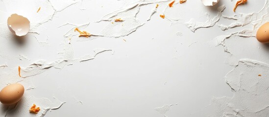 Poster - Eggs on a white surface with broken shells and egg yolk visible creating copy space for text placement