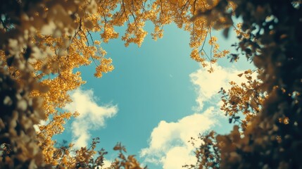 Aufkleber - Autumn foliage framing a bright blue sky with clouds and copy space for text in a circular composition