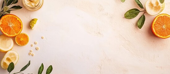 Poster - Citrus fruits including oranges and lemons arranged on a light textured background with leaves and copy space for text.