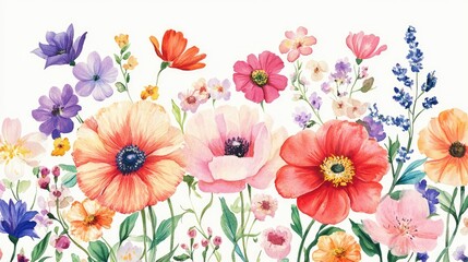 Aufkleber - Colorful watercolor floral arrangement with various flowers including poppies, daisies, and lavender on light background with Copy Space.