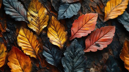 Aufkleber - Colorful autumn leaves in various shades of yellow, orange, and red arranged on a dark textured surface with Copy Space for text.