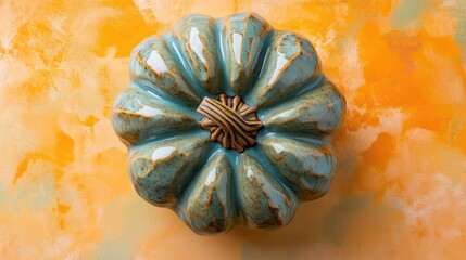 Aufkleber - Ceramic turquoise pumpkin decor on vibrant orange background with Copy Space for text placement