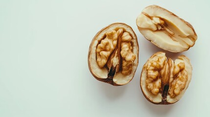 Poster - Whole and halved walnuts on a light background with Copy Space for text placement