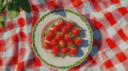 Aufkleber - Freshly picked strawberries on a decorative plate with green trim placed on a red and white checkered tablecloth Copy Space
