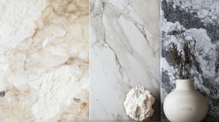 Poster - Natural stone textures with marble surfaces in decorative arrangement showcasing earthy tones and minimalist vase with dried flowers Copy Space