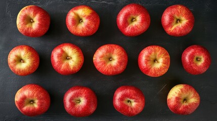 Poster - Red apples arranged in a grid pattern on a dark surface with copy space for text placement.