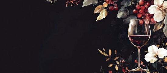 Poster - Red wine glass surrounded by dark foliage and flowers with copy space for text on black background