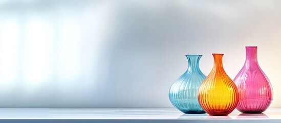 Poster - Colorful glass vases in blue orange and pink arranged on a minimalist shelf with soft blurred background and Copy Space