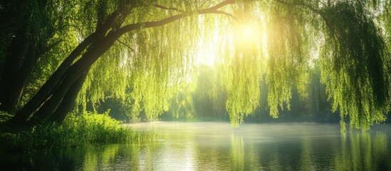 Poster - Lush green willow trees reflected in calm waters with sunlight filtering through leaves Copy Space