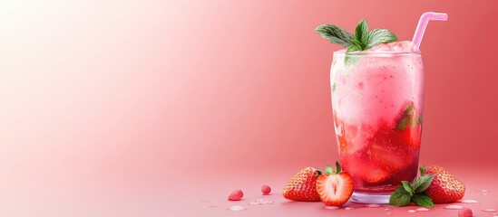 Aufkleber - Fresh strawberry mint cocktail in a glass with a straw and fresh strawberries on a pink gradient background with copy space