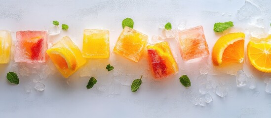 Poster - Colorful fruit ice cubes with slices of citrus fruits on a white background with fresh mint leaves and ice Copy Space