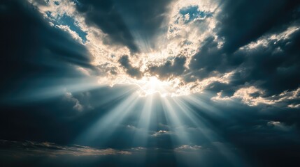 Aufkleber - dramatic cloud formation with sun rays breaking through, creating a striking light effect in the sky