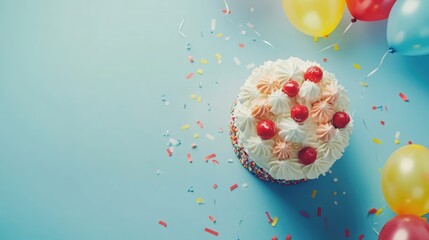 Poster - Birthday cake with colorful balloons and confetti on blue background Copy Space