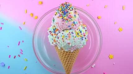 Aufkleber - Ice cream cone with colorful sprinkles on a pink and blue background with scattered confetti and copy space for text
