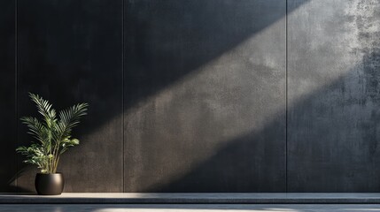 Poster - Indoor plant in a modern minimalist space with dark textured wall and natural light creating a shadow Copy Space