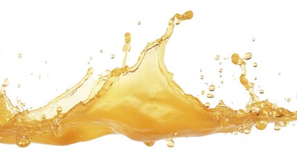 Poster - Golden liquid splash isolated on white background with droplets and waves Copy Space