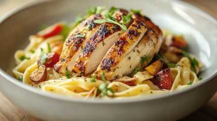 Aufkleber - Grilled chicken breast served on a bed of fettuccine pasta with vegetables and herbs Copy Space