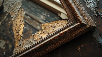 Poster - Close-up of weathered wooden frame with peeling paint and texture details, Copy Space for text placement