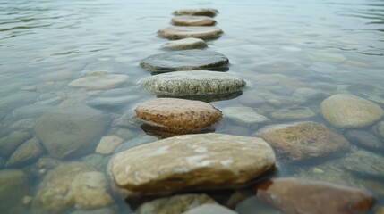 Poster - Stepping stones in clear water with visible pebbles underneath showcasing serene river setting and reflections Copy Space
