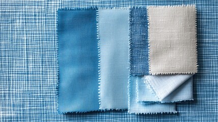 Fototapete - Textile swatches in various shades of blue and beige arranged on a textured blue fabric background Copy Space