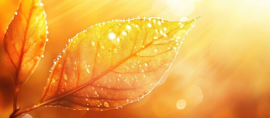 Poster - Golden autumn leaves with droplets illuminated by sunlight creating a warm glow and blurred background with Copy Space.