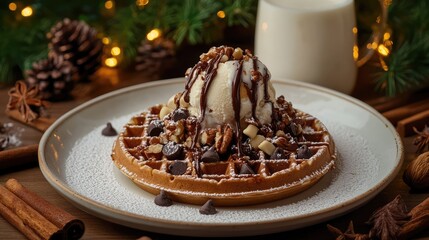 Poster - Delicious waffle topped with ice cream, nuts, chocolate sauce, and decorative chocolate chips on a wooden table with festive background Copy Space