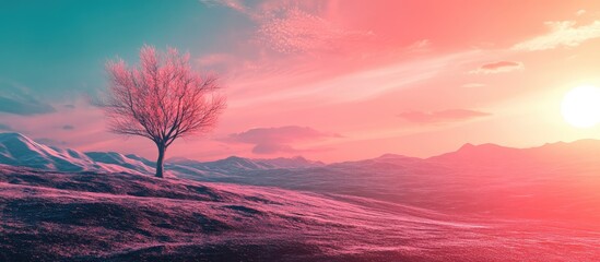Poster - Vibrant sunset landscape with single tree in foreground and mountains in background Copy Space