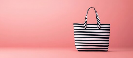 Poster - Black and white striped tote bag on a pastel pink background with Copy Space for product display or advertisement