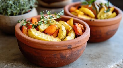 Poster - Baked root vegetables and herbs in traditional clay pots on rustic surface with copy space