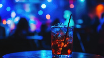 Poster - Colorful cocktail glass on bar table with ice, blurred nightlife background with vivid lights and people, Copy Space available.