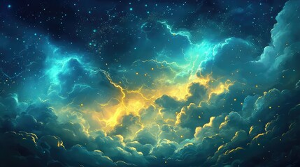 Poster - Colorful dramatic clouds with lightning in a night sky filled with stars and Copy Space for text placement.