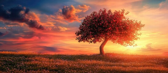 Poster - Lone tree in a vibrant sunset landscape with colorful clouds and grassy field, featuring copy space for text.