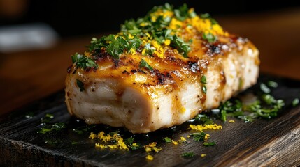 Poster - Grilled fish fillet garnished with herbs and citrus zest on wooden board with Copy Space