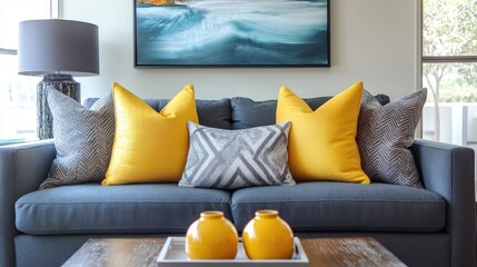Poster - Modern living room interior featuring a gray sofa with vibrant yellow accent pillows and a decorative coffee table with yellow vases Copy Space