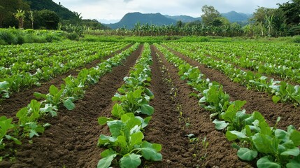 Lush green vegetable field with rows of growing lettuce and mountainous backdrop under cloudy sky Copy Space