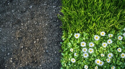 Poster - Contrast of Fresh Green Grass and White Daisies Growing Alongside Dark Gravelly Soil with Copy Space