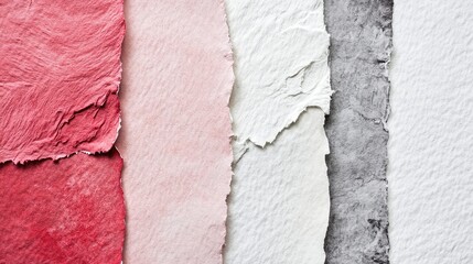 Poster - Textured handmade paper in various colors including red, pink, white, and gray with visible fibers and edges suitable for background or design use Copy Space
