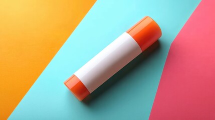 Poster - Colorful background with orange and turquoise paper featuring a cylindrical glue stick with a white label and copy space.
