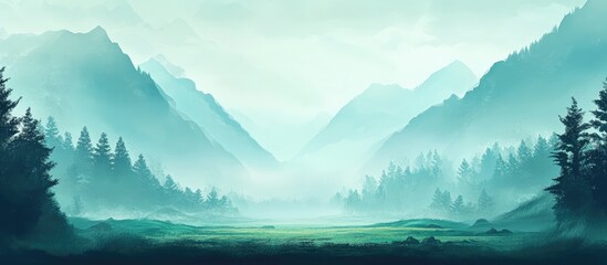 Poster - Misty mountain landscape with evergreen trees and a tranquil valley under soft atmospheric lighting Copy Space