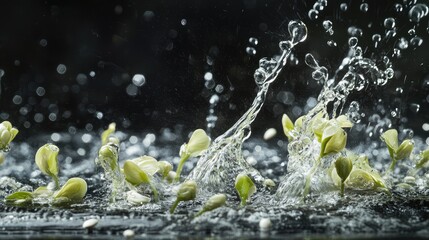 Fototapete - Splashing water with flower petals creating dynamic droplets and bubbles on a dark background with Copy Space