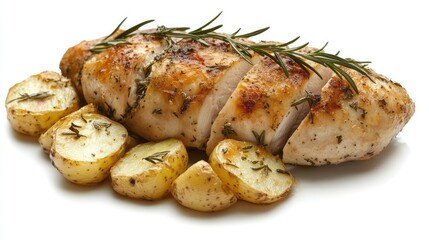 Poster - Grilled chicken breast garnished with fresh herbs served with roasted baby potatoes on a white background Copy Space