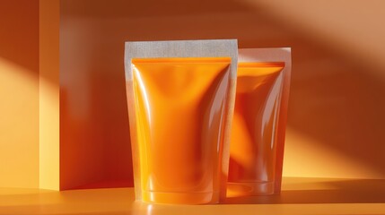 Poster - Two glossy orange plastic pouches with a silver top on an orange background with soft shadows and copy space.
