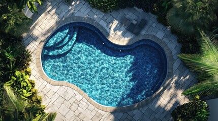 Poster - Aerial view of a kidney-shaped swimming pool surrounded by lush greenery and paving stones with clear blue water and natural light reflections Copy Space