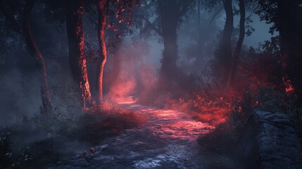 Poster - Mysterious forest pathway at night with fog and illuminated trees providing a moody atmosphere Copy Space