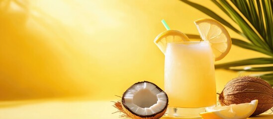 Poster - Coconut half with tropical drink and lemon slices on a vibrant yellow background with Copy Space