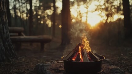 Aufkleber - Campfire burning in a forest during sunset with warm light illuminating the scene and copy space for text above the fire.