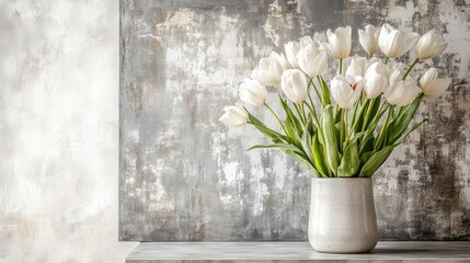 Poster - Bouquet of white tulips in a modern vase on a wooden table with textured gray wall background Copy Space